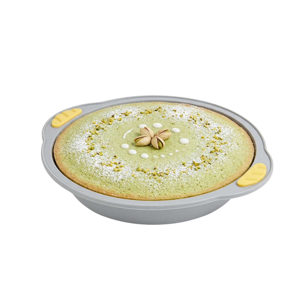 Pastry Tek Round Gray Silicone Cake Pan - Non-Stick, with Handles - 11 1/4" x 10 1/4" x 1 3/4" - 40 count box