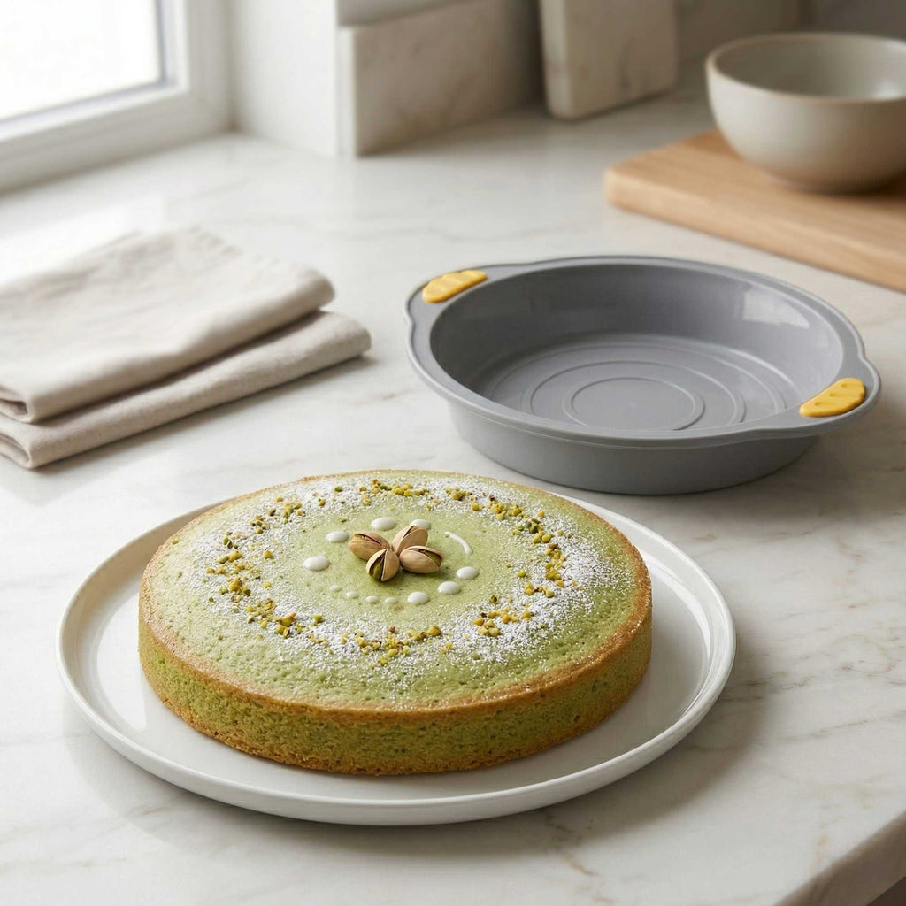 Pastry Tek Round Gray Silicone Cake Pan - Non-Stick, with Handles - 11 1/4" x 10 1/4" x 1 3/4" - 40 count box