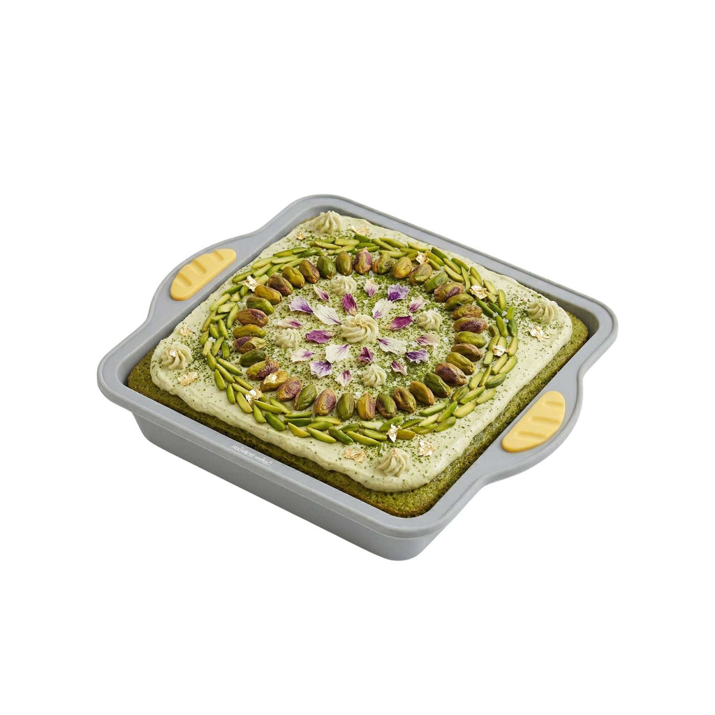 Pastry Tek Square Gray Silicone Cake Pan - Non-Stick, with Handles - 9 3/4" x 8 1/2" x 1 3/4" - 10 count box