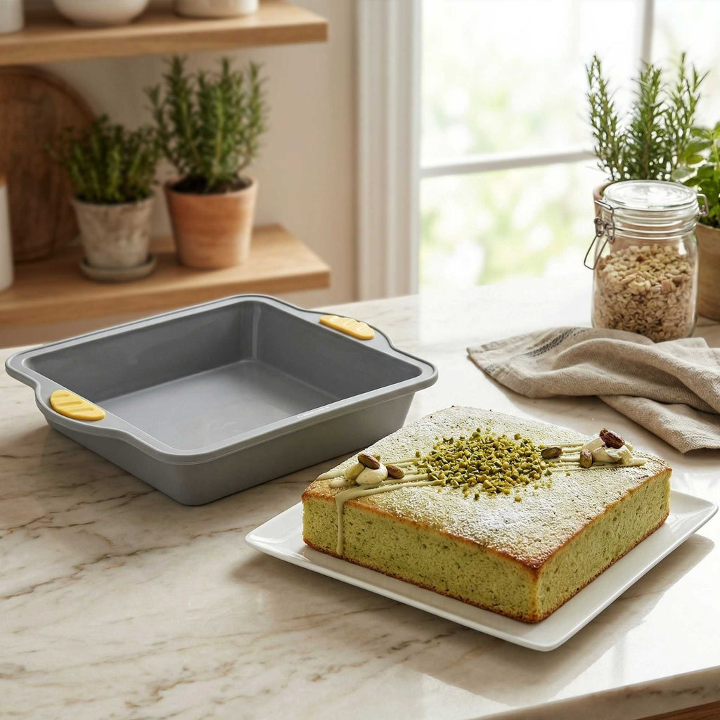 Pastry Tek Square Gray Silicone Cake Pan - Non-Stick, with Handles - 9 3/4" x 8 1/2" x 1 3/4" - 40 count box