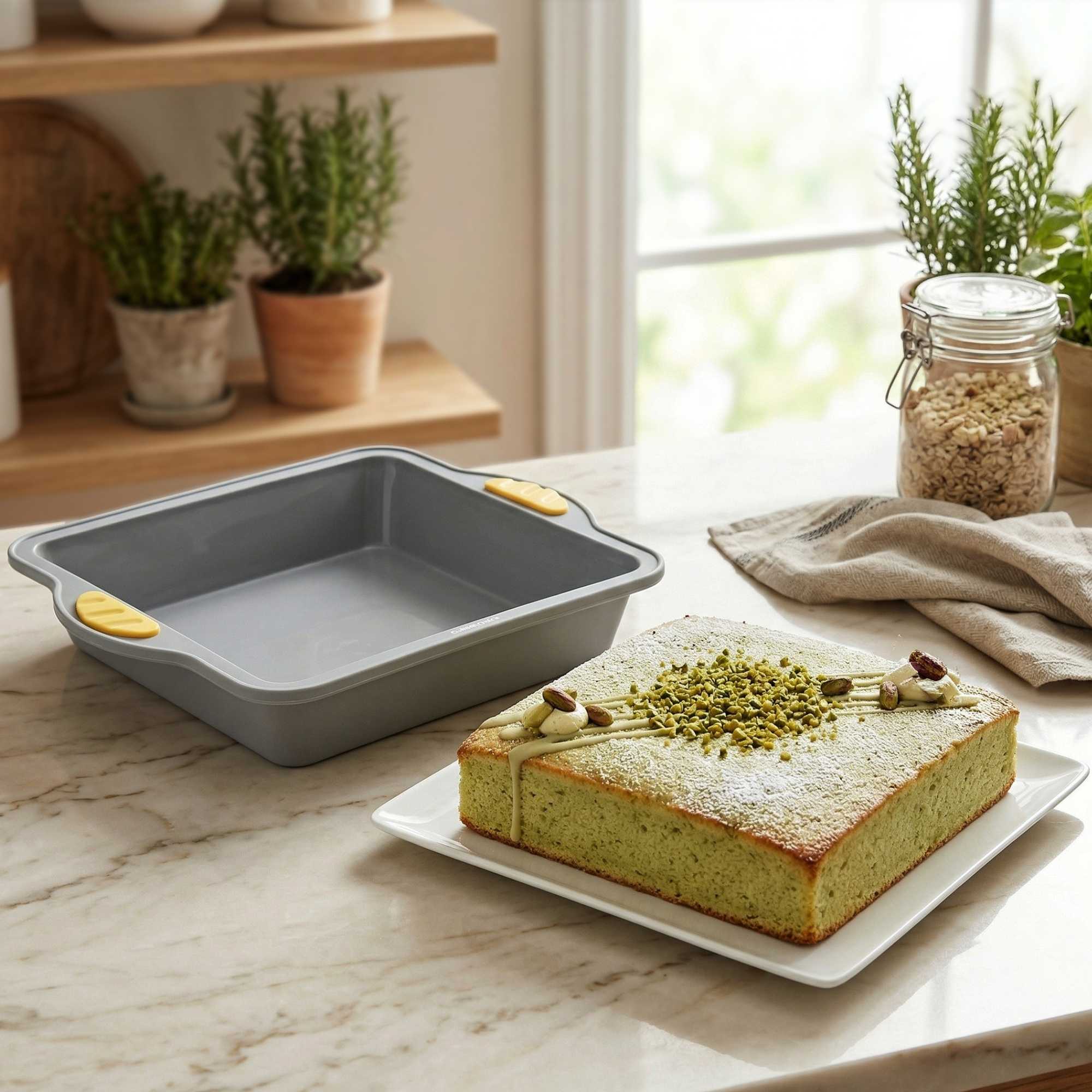 Pastry Tek Square Gray Silicone Cake Pan - Non-Stick, with Handles - 9 3/4" x 8 1/2" x 1 3/4" - 40 count box