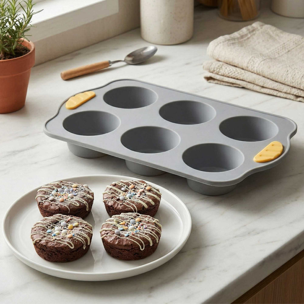 Pastry Tek Gray Silicone Muffin / Cupcake Pan - 6 Compartments, Non-Stick, with Handles - 11 1/2" x 7" x 1 1/2" - 1 count box