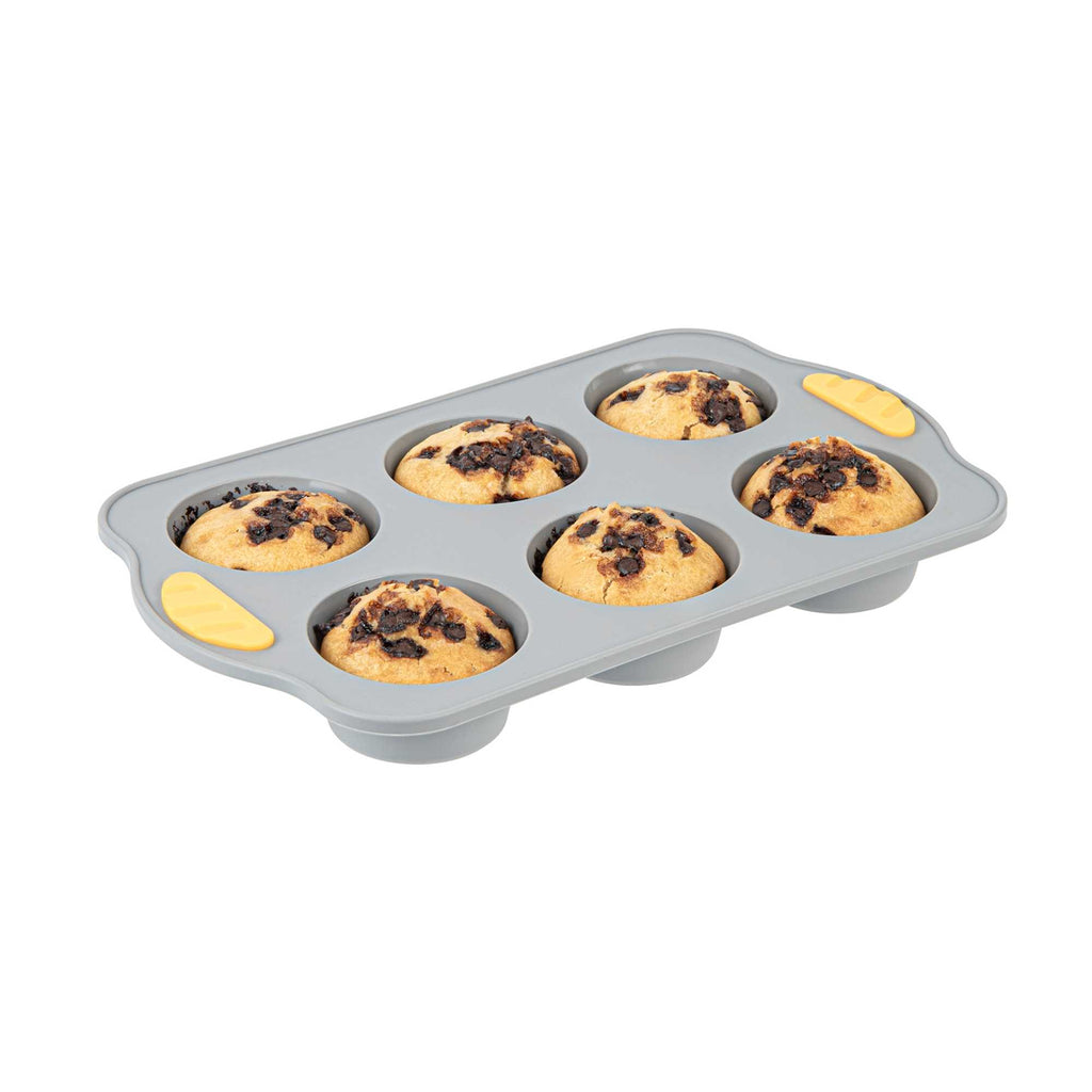 Pastry Tek Gray Silicone Muffin / Cupcake Pan - 6 Compartments, Non-Stick, with Handles - 11 1/2" x 7" x 1 1/2" - 1 count box