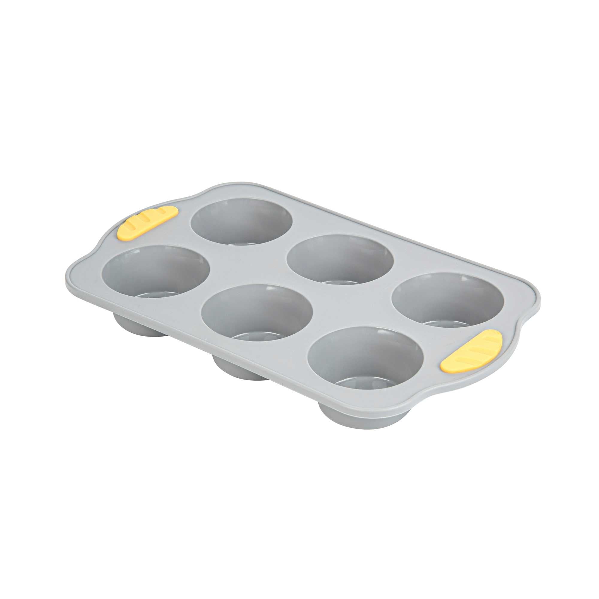 Pastry Tek Gray Silicone Muffin / Cupcake Pan - 6 Compartments, Non-Stick, with Handles - 11 1/2" x 7" x 1 1/2" - 10 count box