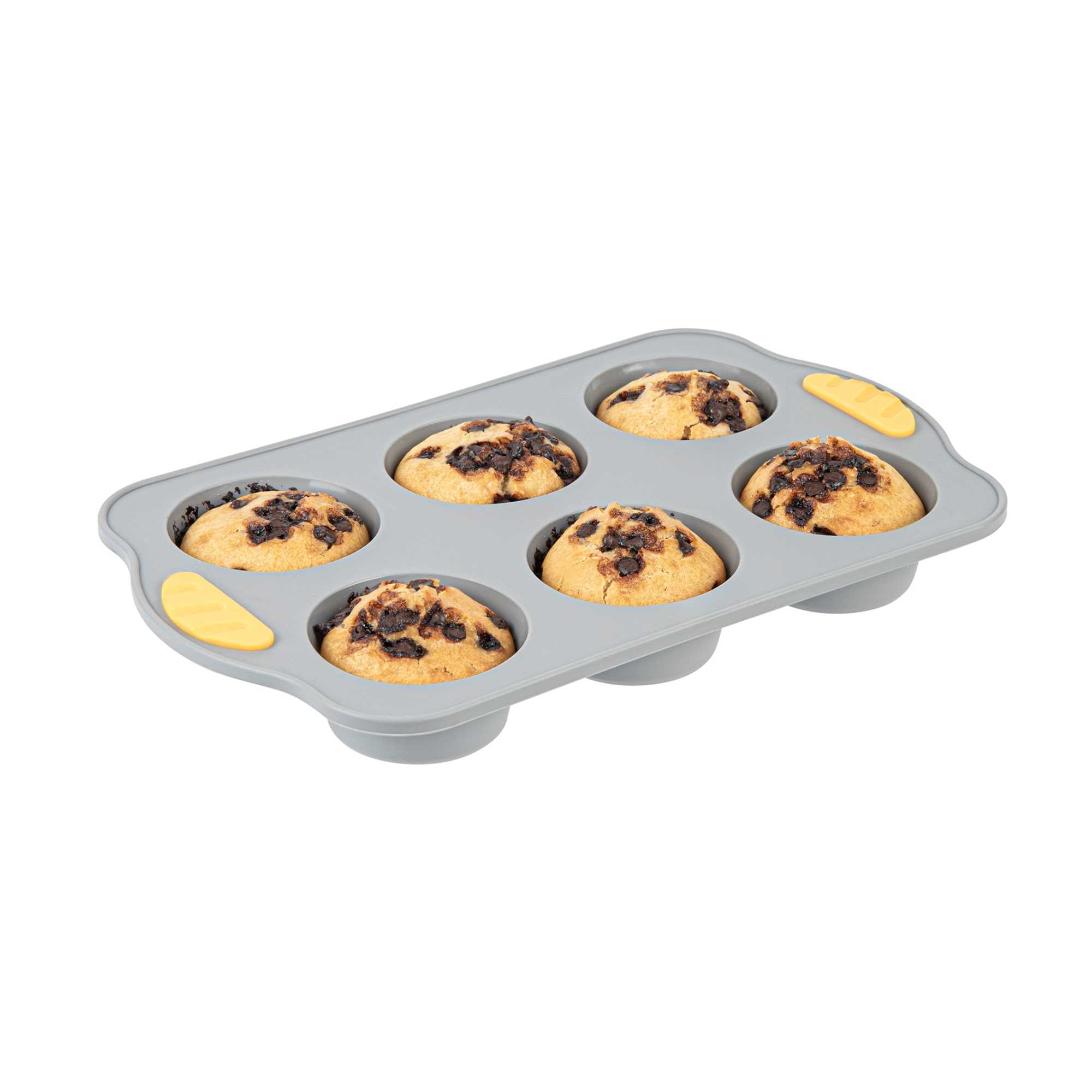 Pastry Tek Gray Silicone Muffin / Cupcake Pan - 6 Compartments, Non-Stick, with Handles - 11 1/2" x 7" x 1 1/2" - 10 count box