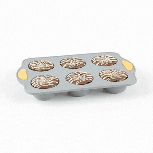 Pastry Tek Gray Silicone Muffin / Cupcake Pan - 6 Compartments, Non-Stick, with Handles - 11 1/2" x 7" x 1 1/2" - 10 count box