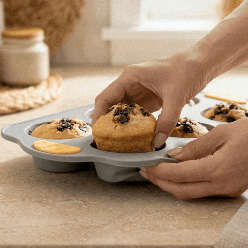 Pastry Tek Gray Silicone Muffin / Cupcake Pan - 6 Compartments, Non-Stick, with Handles - 11 1/2" x 7" x 1 1/2" - 10 count box