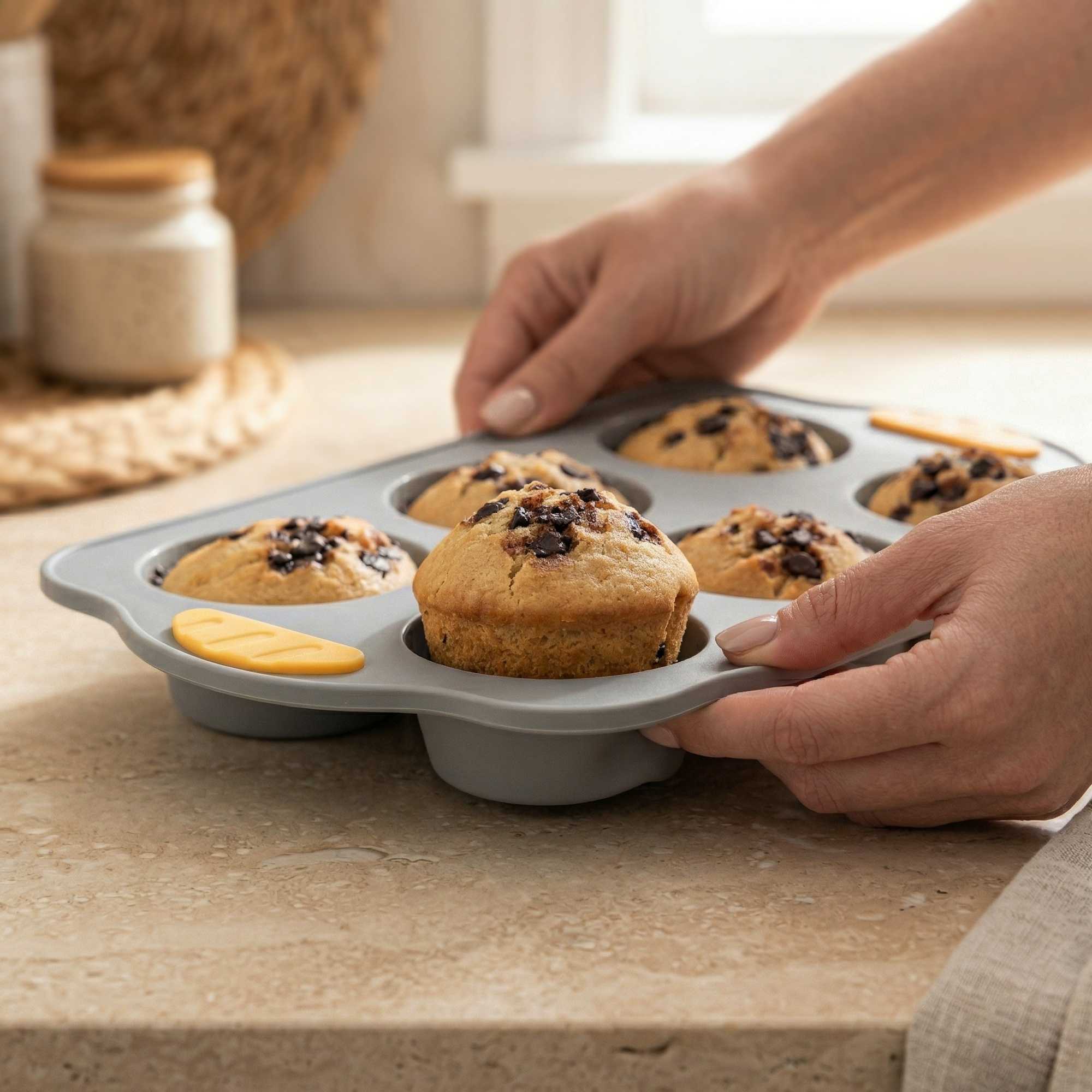 Pastry Tek Gray Silicone Muffin / Cupcake Pan - 6 Compartments, Non-Stick, with Handles - 11 1/2" x 7" x 1 1/2" - 10 count box