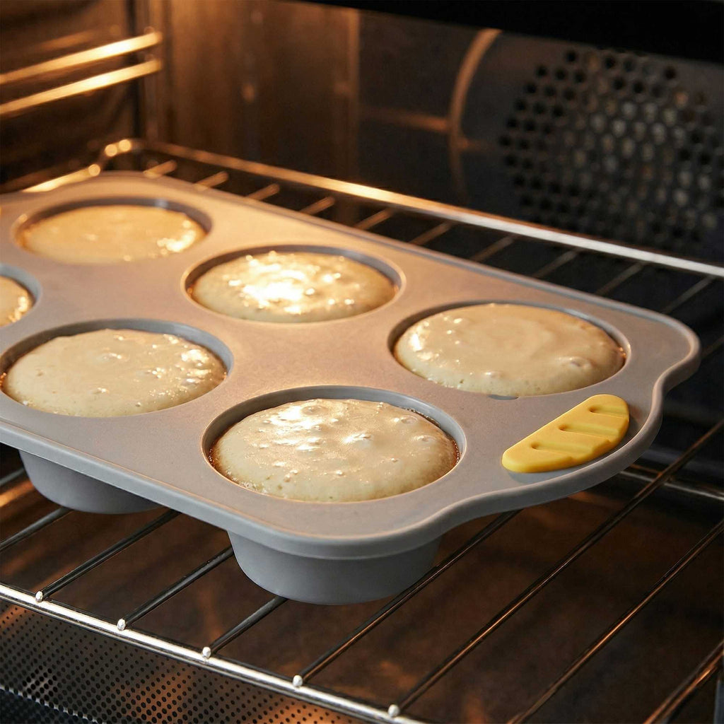 Pastry Tek Gray Silicone Muffin / Cupcake Pan - 6 Compartments, Non-Stick, with Handles - 11 1/2" x 7" x 1 1/2" - 40 count box