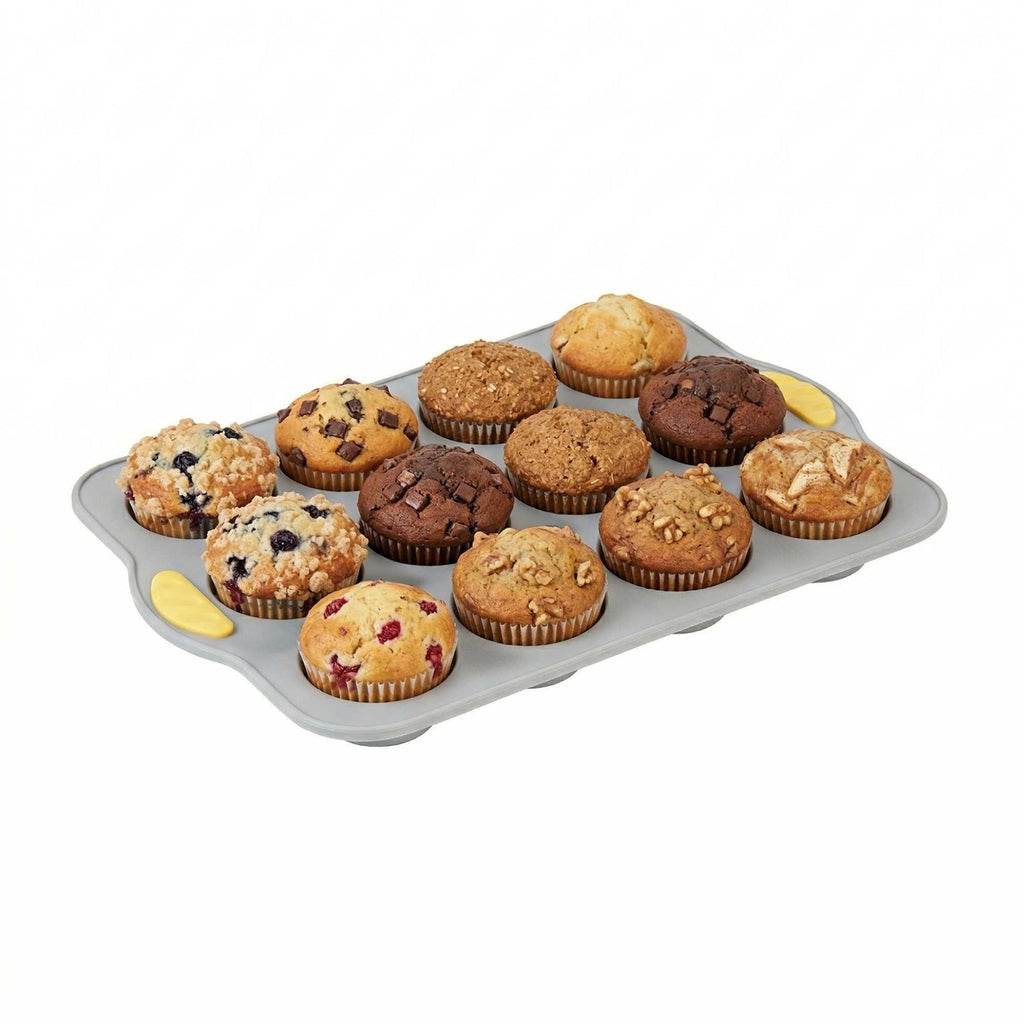 Pastry Tek Gray Silicone Muffin / Cupcake Pan - 12 Compartments, Non-Stick, with Handles - 13" x 9 1/4" x 1 1/4" - 1 count box