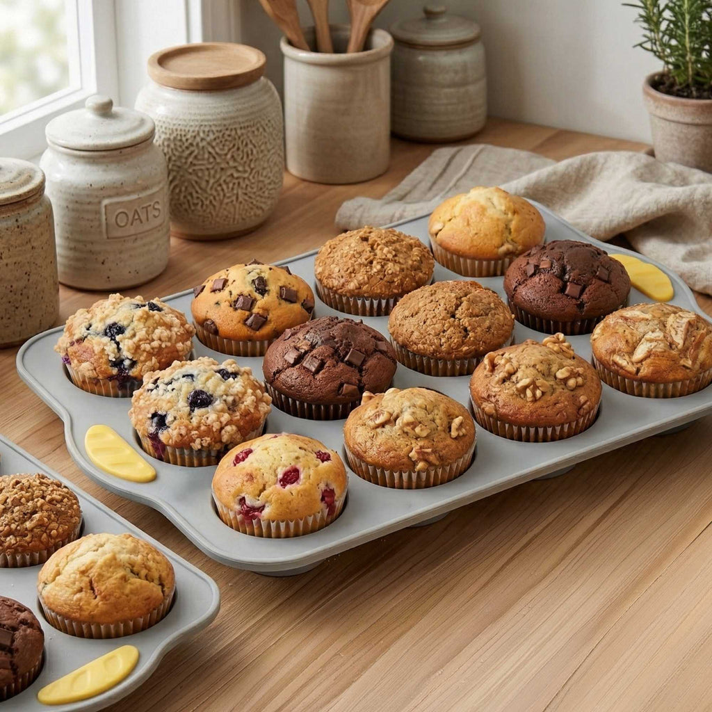 Pastry Tek Gray Silicone Muffin / Cupcake Pan - 12 Compartments, Non-Stick, with Handles - 13" x 9 1/4" x 1 1/4" - 1 count box