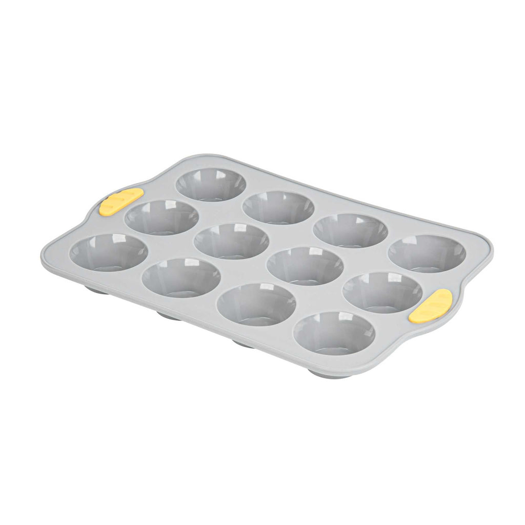 Pastry Tek Gray Silicone Muffin / Cupcake Pan - 12 Compartments, Non-Stick, with Handles - 13" x 9 1/4" x 1 1/4" - 10 count box
