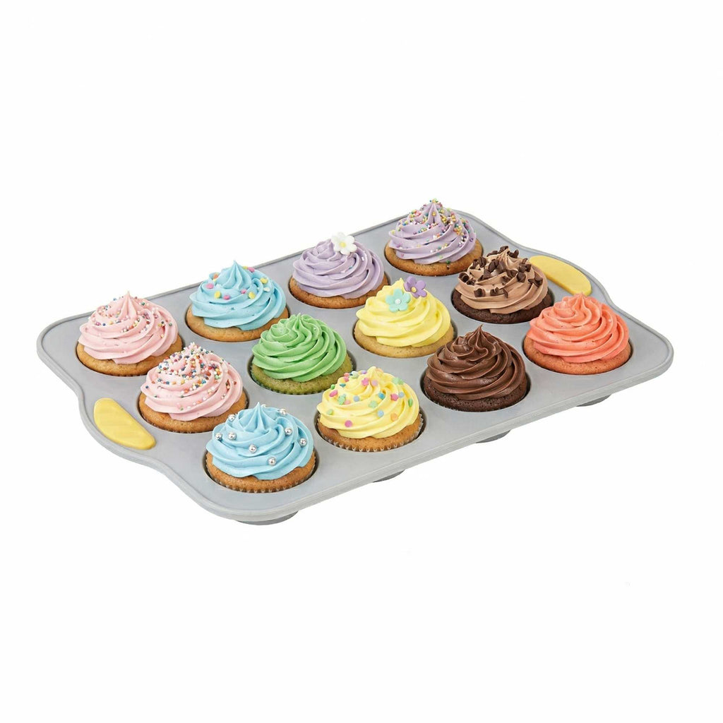 Pastry Tek Gray Silicone Muffin / Cupcake Pan - 12 Compartments, Non-Stick, with Handles - 13" x 9 1/4" x 1 1/4" - 10 count box