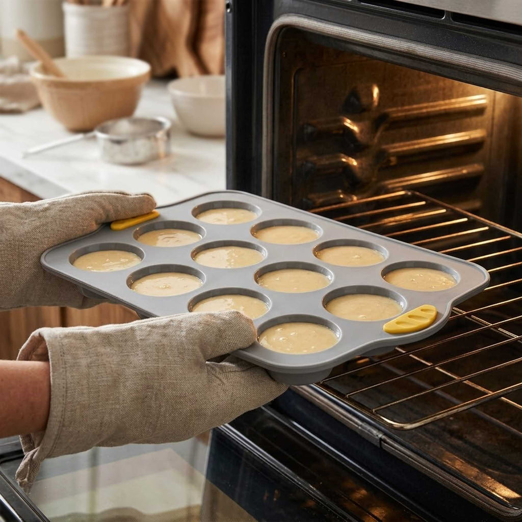 Pastry Tek Gray Silicone Muffin / Cupcake Pan - 12 Compartments, Non-Stick, with Handles - 13" x 9 1/4" x 1 1/4" - 10 count box