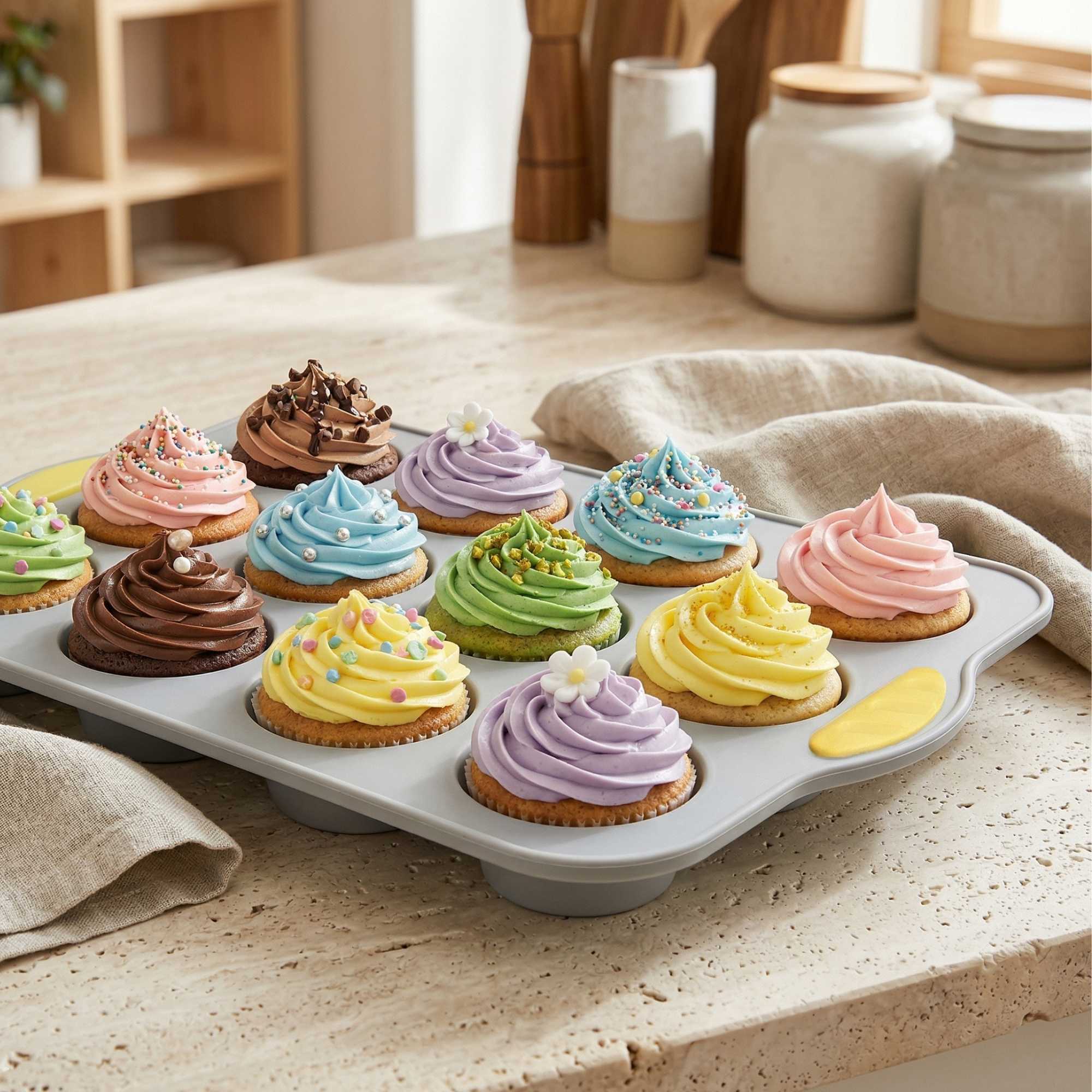 Pastry Tek Gray Silicone Muffin / Cupcake Pan - 12 Compartments, Non-Stick, with Handles - 13" x 9 1/4" x 1 1/4" - 40 count box
