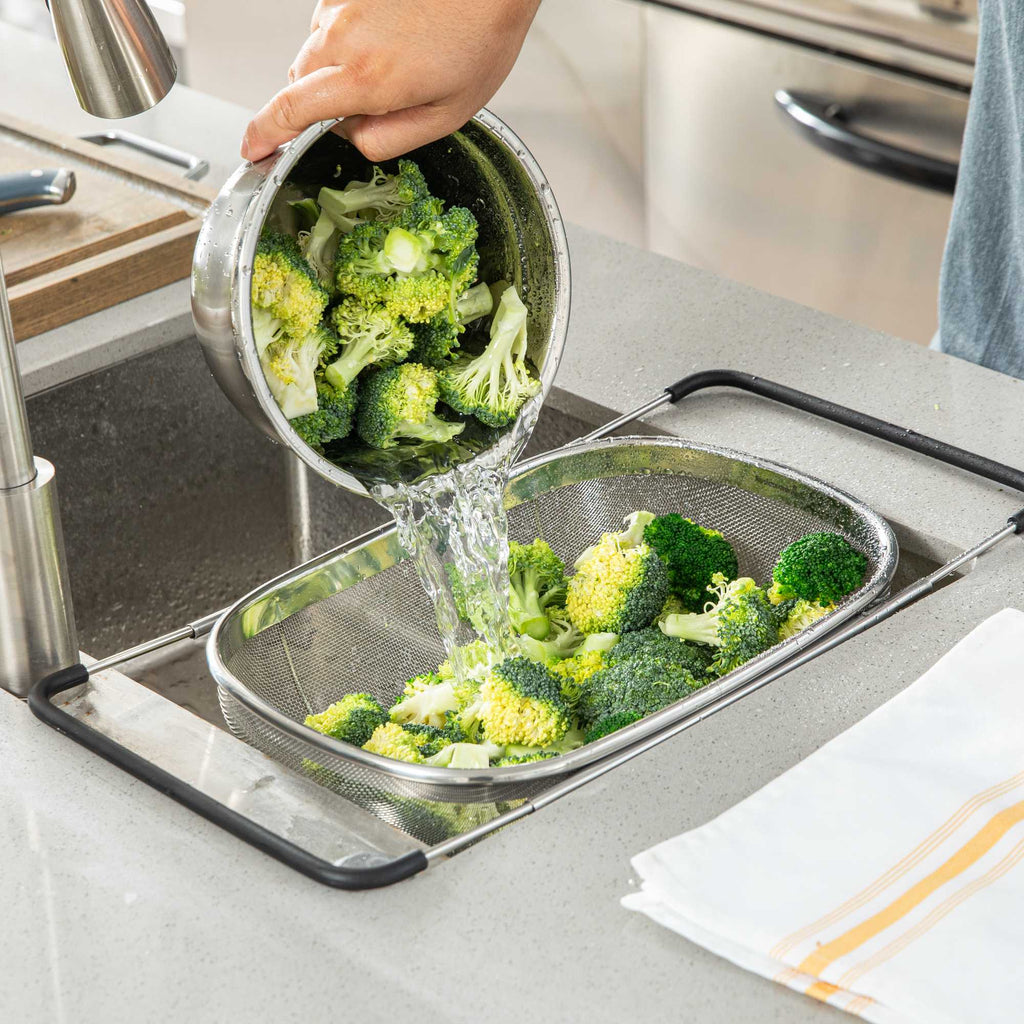 Met Lux 6 qt Stainless Steel Over-The-Sink Colander - Expandable Handles, Extra Fine Mesh - 14 1/4" x 9 3/4" x 4 1/4" - 1 count box