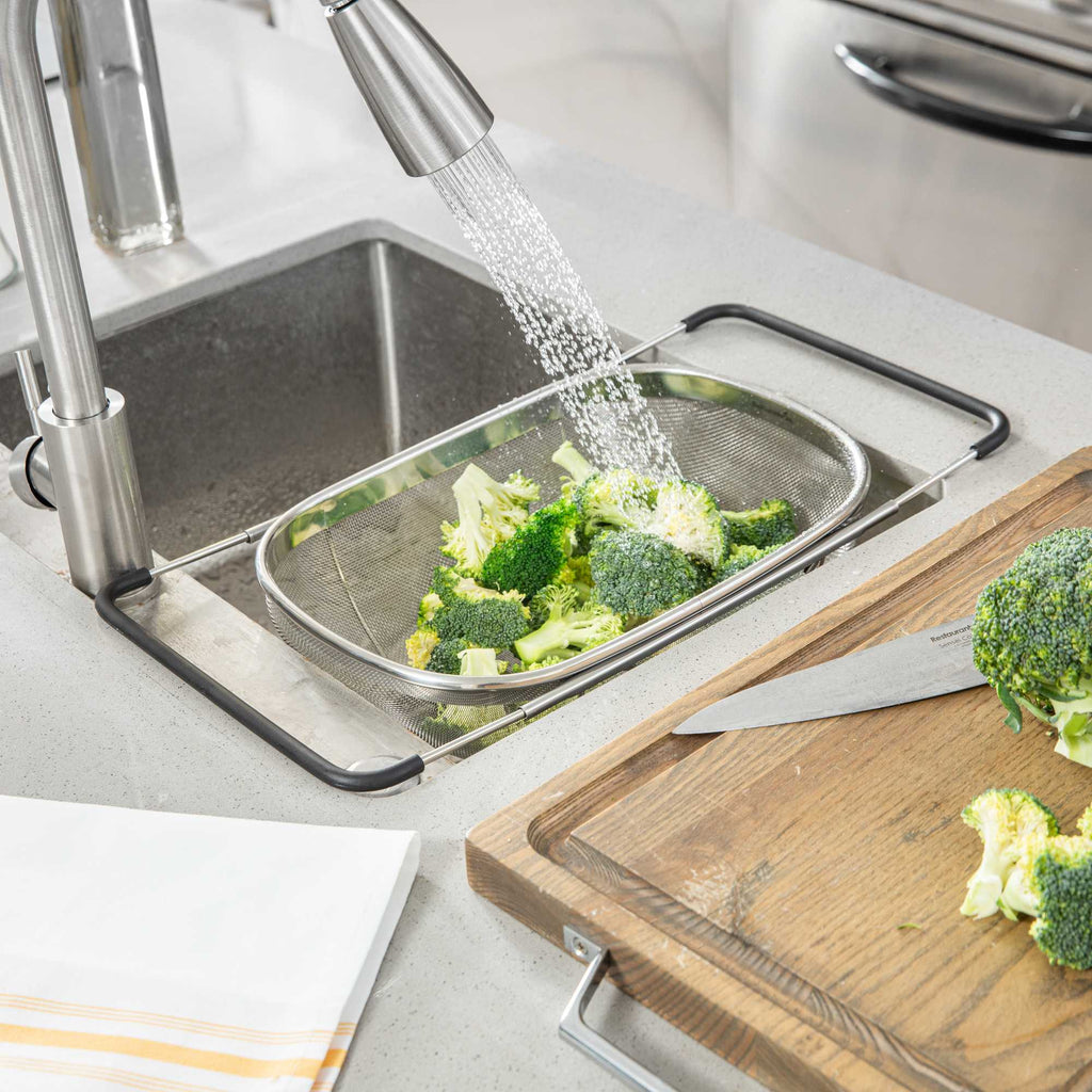 Met Lux 6 qt Stainless Steel Over-The-Sink Colander - Expandable Handles, Extra Fine Mesh - 14 1/4" x 9 3/4" x 4 1/4" - 1 count box