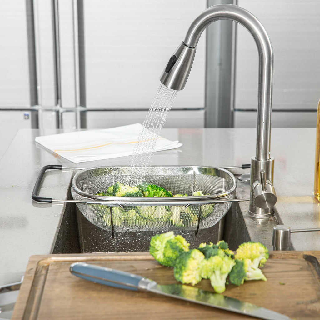 Met Lux 6 qt Stainless Steel Over-The-Sink Colander - Expandable Handles, Extra Fine Mesh - 14 1/4" x 9 3/4" x 4 1/4" - 1 count box