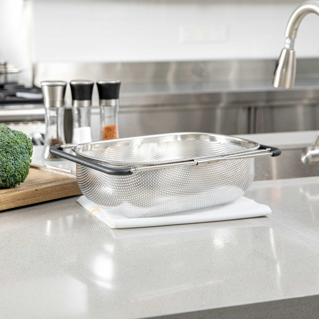 Met Lux 6 qt Stainless Steel Over-The-Sink Colander - Expandable Handles, Coarse Mesh - 14 1/2" x 10 1/2" x 4 1/2" - 1 count box