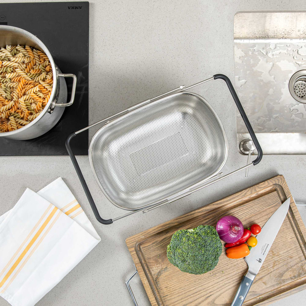 Met Lux 6 qt Stainless Steel Over-The-Sink Colander - Expandable Handles, Coarse Mesh - 14 1/2" x 10 1/2" x 4 1/2" - 1 count box