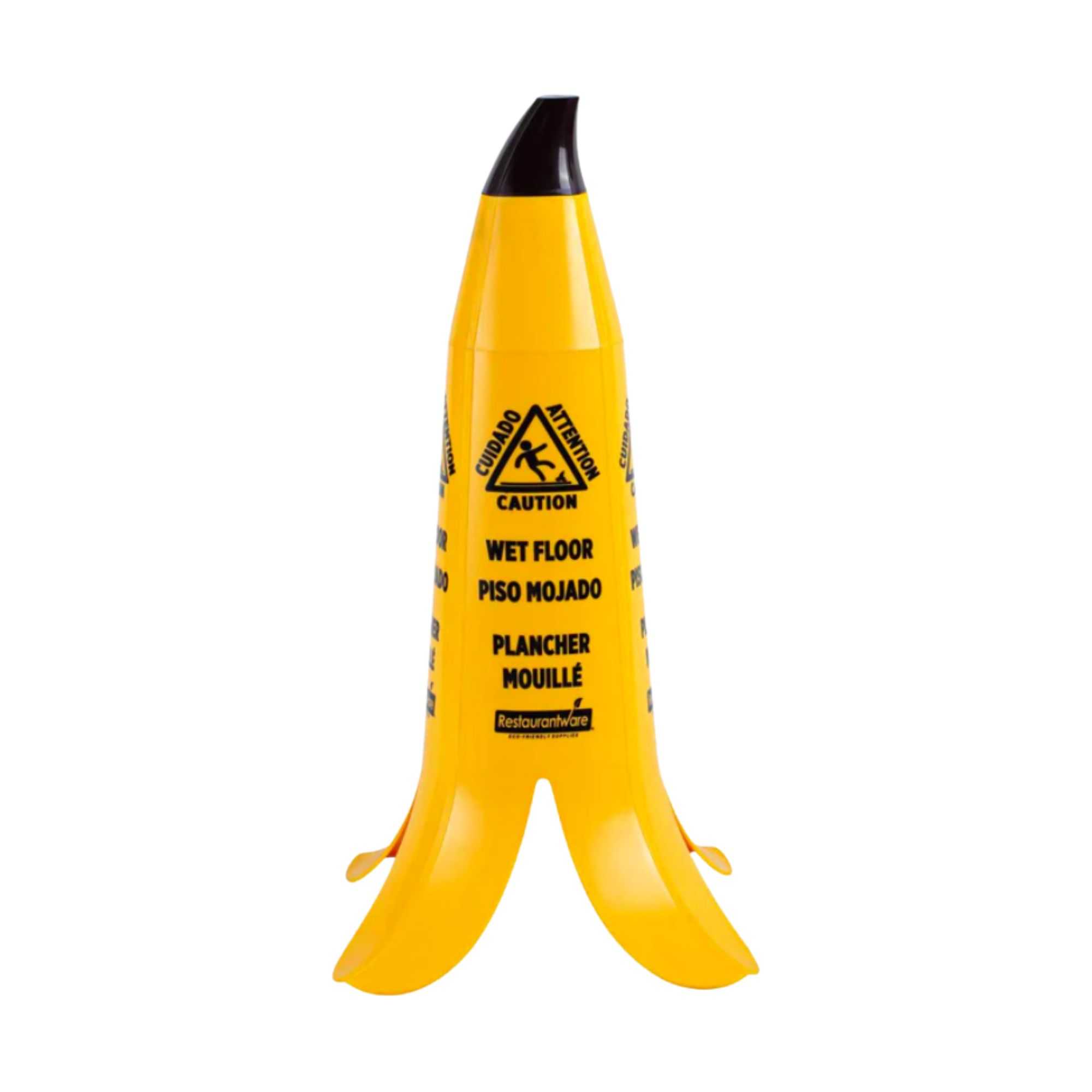 Clean Tek Professional Yellow Plastic Banana Wet Floor Cone - Multilingual, with Brown Stem - 23 1/2" - 1 count box