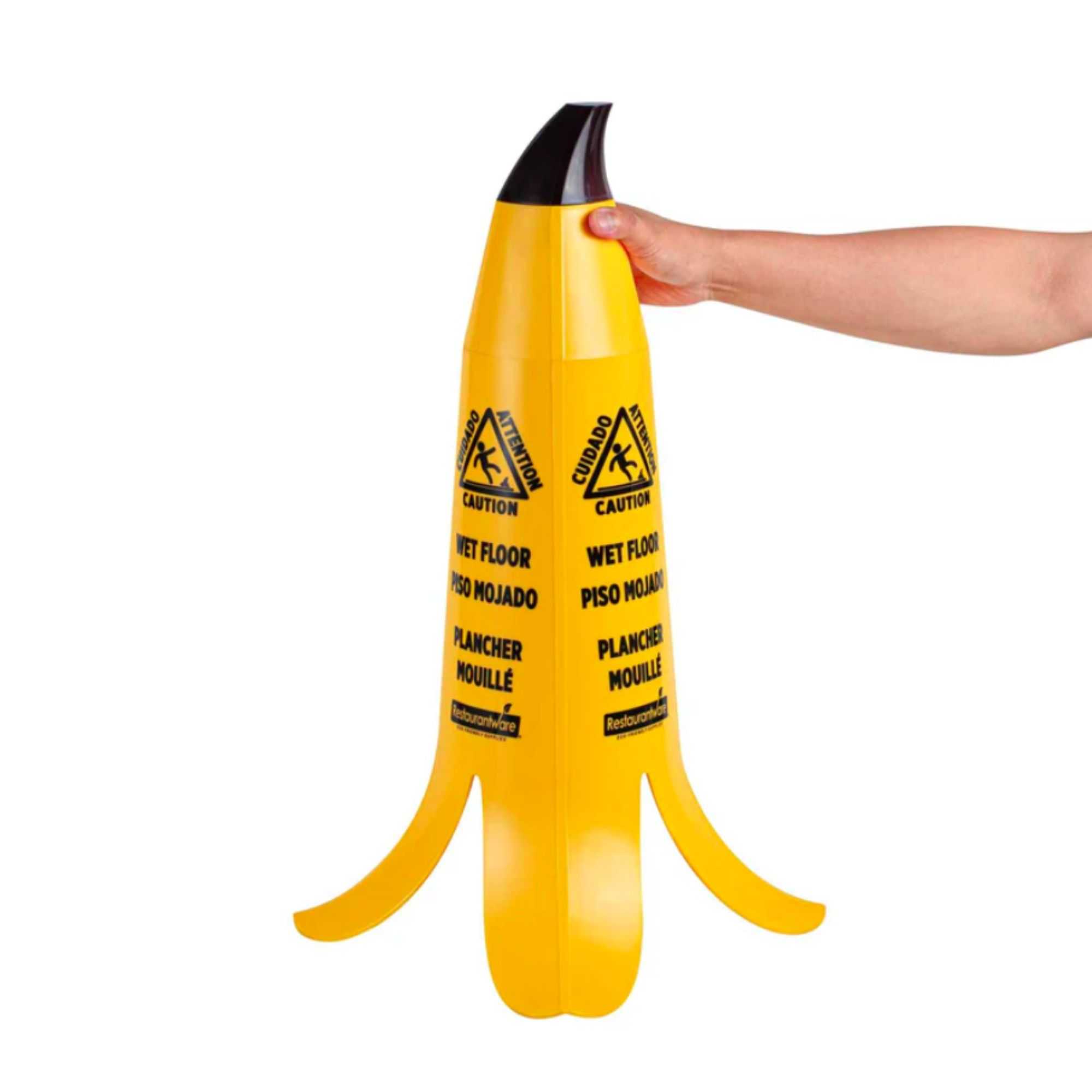 Clean Tek Professional Yellow Plastic Banana Wet Floor Cone - Multilingual, with Brown Stem - 23 1/2" - 1 count box