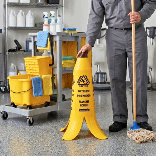 Clean Tek Professional Yellow Plastic Banana Wet Floor Cone - Multilingual, with Brown Stem - 23 1/2" - 1 count box