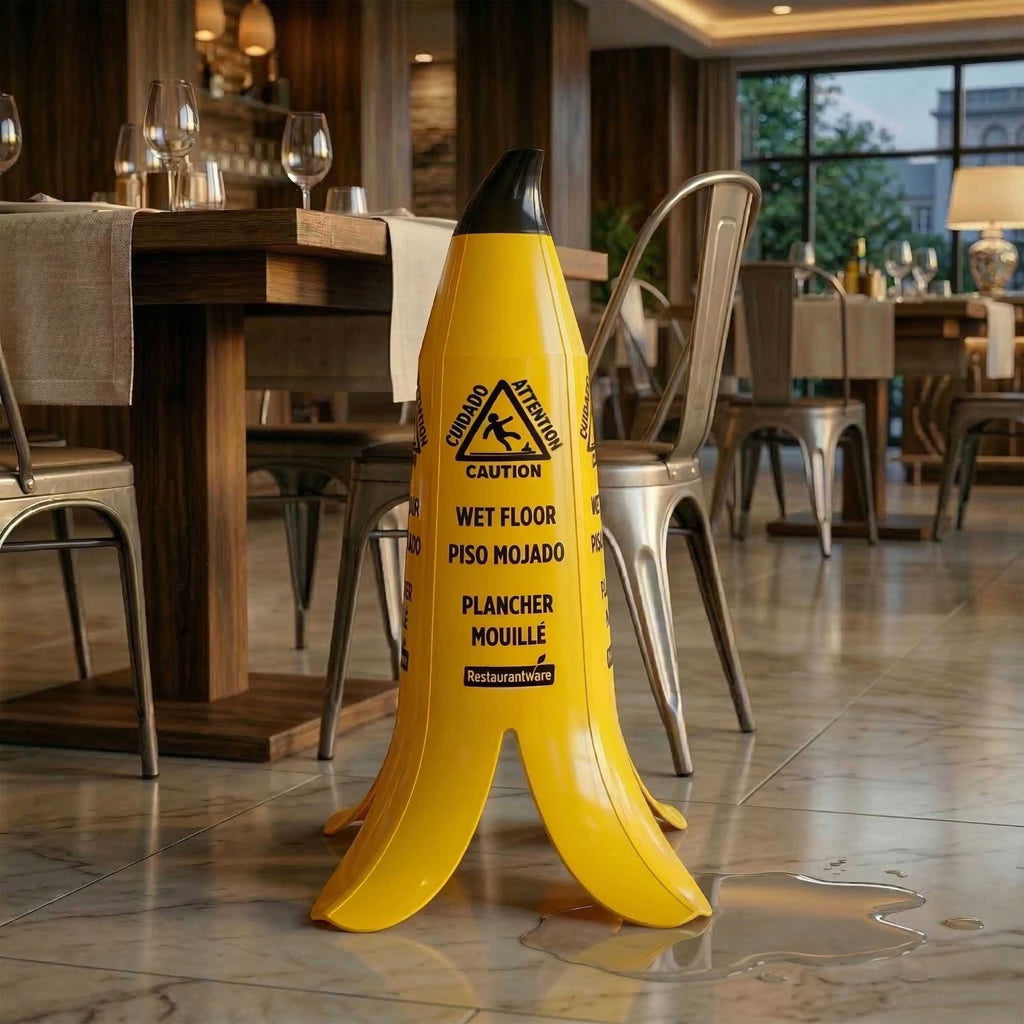 Clean Tek Professional Yellow Plastic Banana Wet Floor Cone - Multilingual, with Brown Stem - 23 1/2" - 1 count box