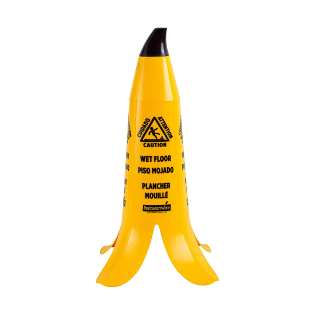 Clean Tek Professional Yellow Plastic Banana Wet Floor Cone - Multilingual, with Brown Stem - 23 1/2" - 6 count box