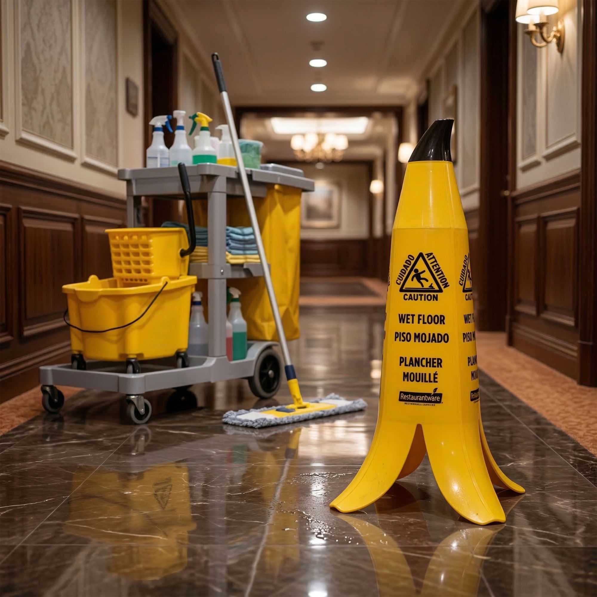 Clean Tek Professional Yellow Plastic Banana Wet Floor Cone - Multilingual, with Brown Stem - 23 1/2" - 6 count box