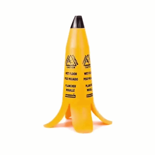 Clean Tek Professional Yellow Plastic Banana Wet Floor Cone - Multilingual, with Brown Stem - 23 1/2" - 6 count box