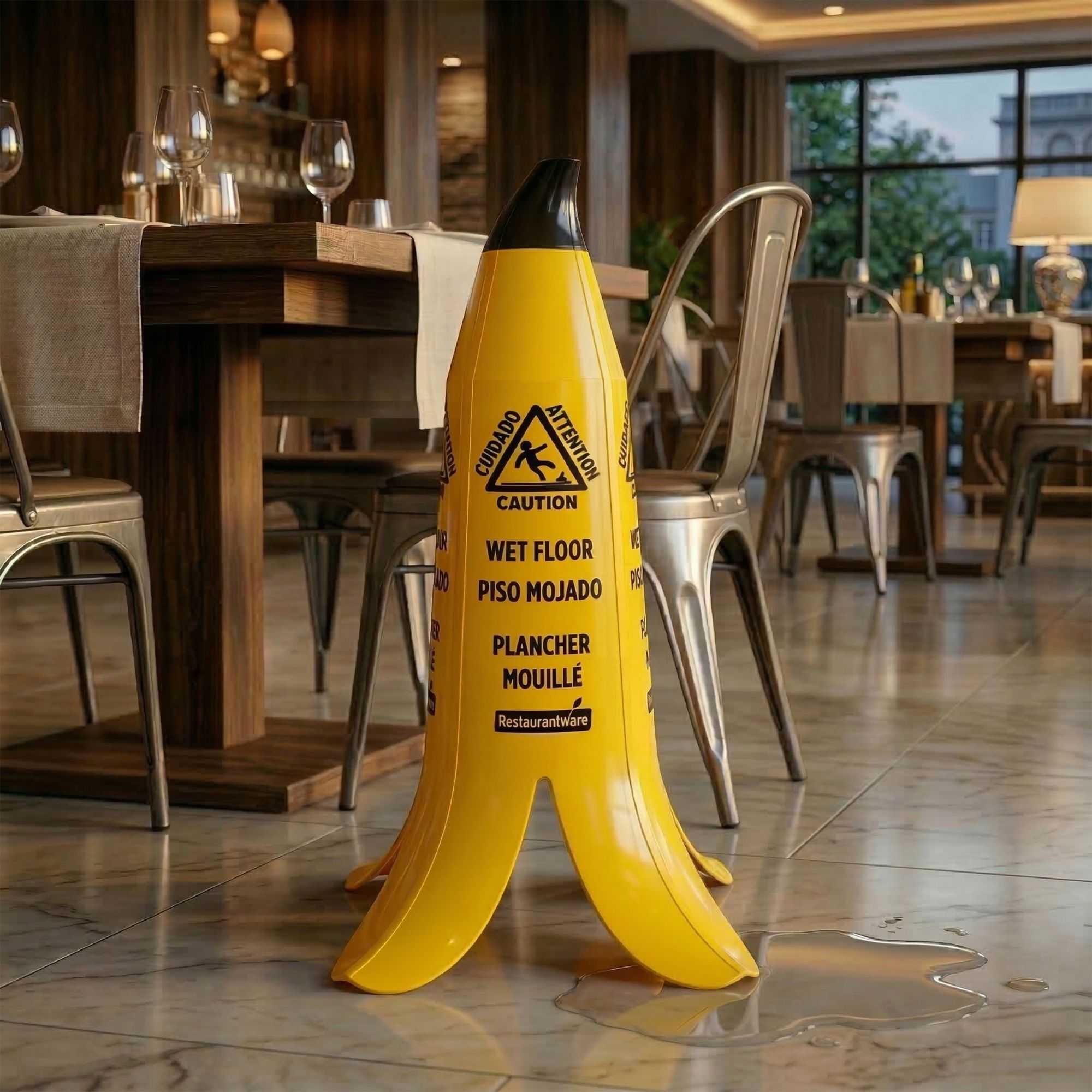 Clean Tek Professional Yellow Plastic Banana Wet Floor Cone - Multilingual, with Brown Stem - 23 1/2" - 6 count box
