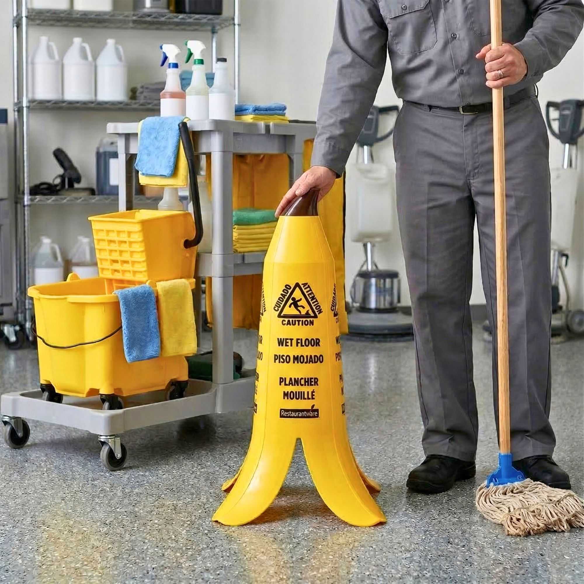 Clean Tek Professional Yellow Plastic Banana Wet Floor Cone - Multilingual, with Brown Stem - 23 1/2" - 6 count box