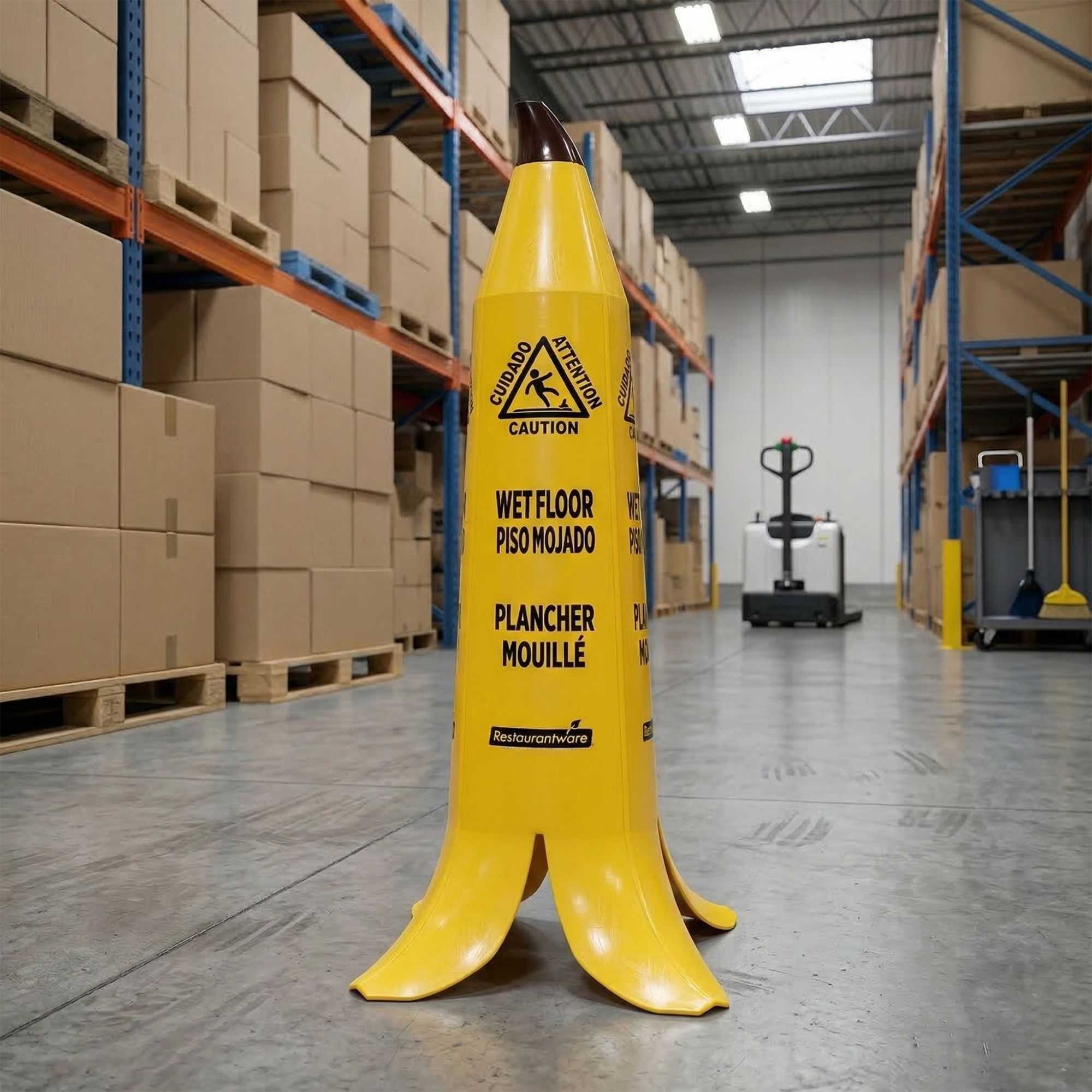 Clean Tek Professional Yellow Plastic Banana Wet Floor Cone - Multilingual, with Brown Stem - 35 1/2" - 1 count box