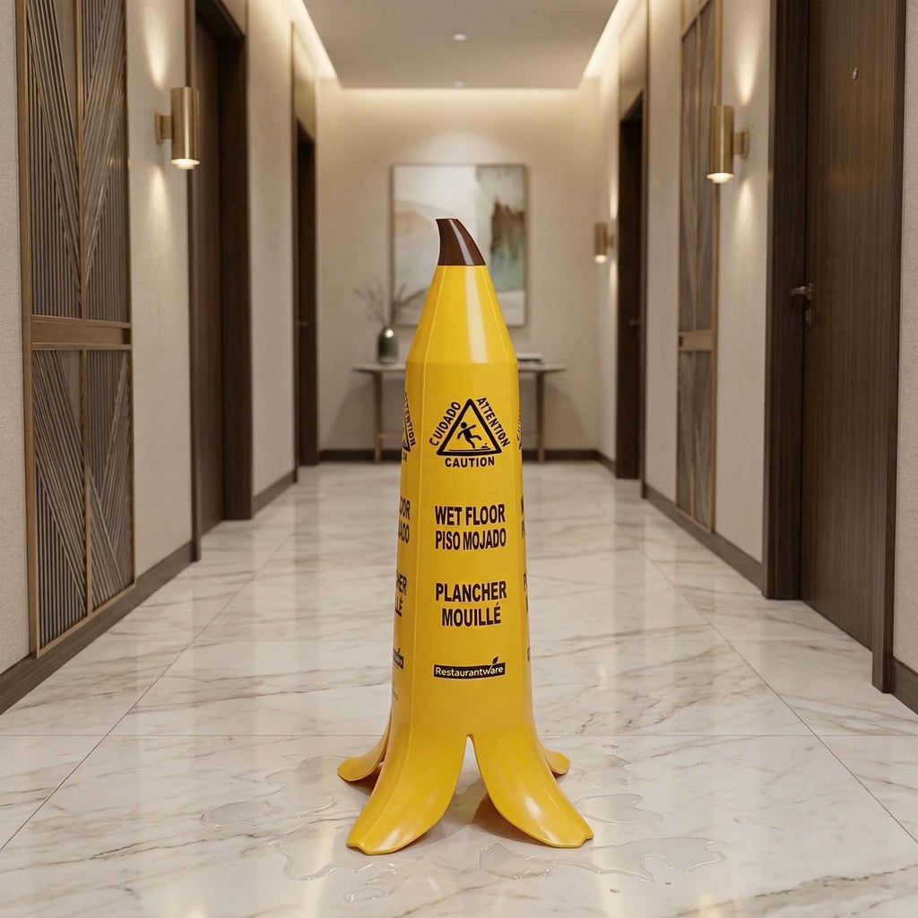 Clean Tek Professional Yellow Plastic Banana Wet Floor Cone - Multilingual, with Brown Stem - 35 1/2" - 1 count box