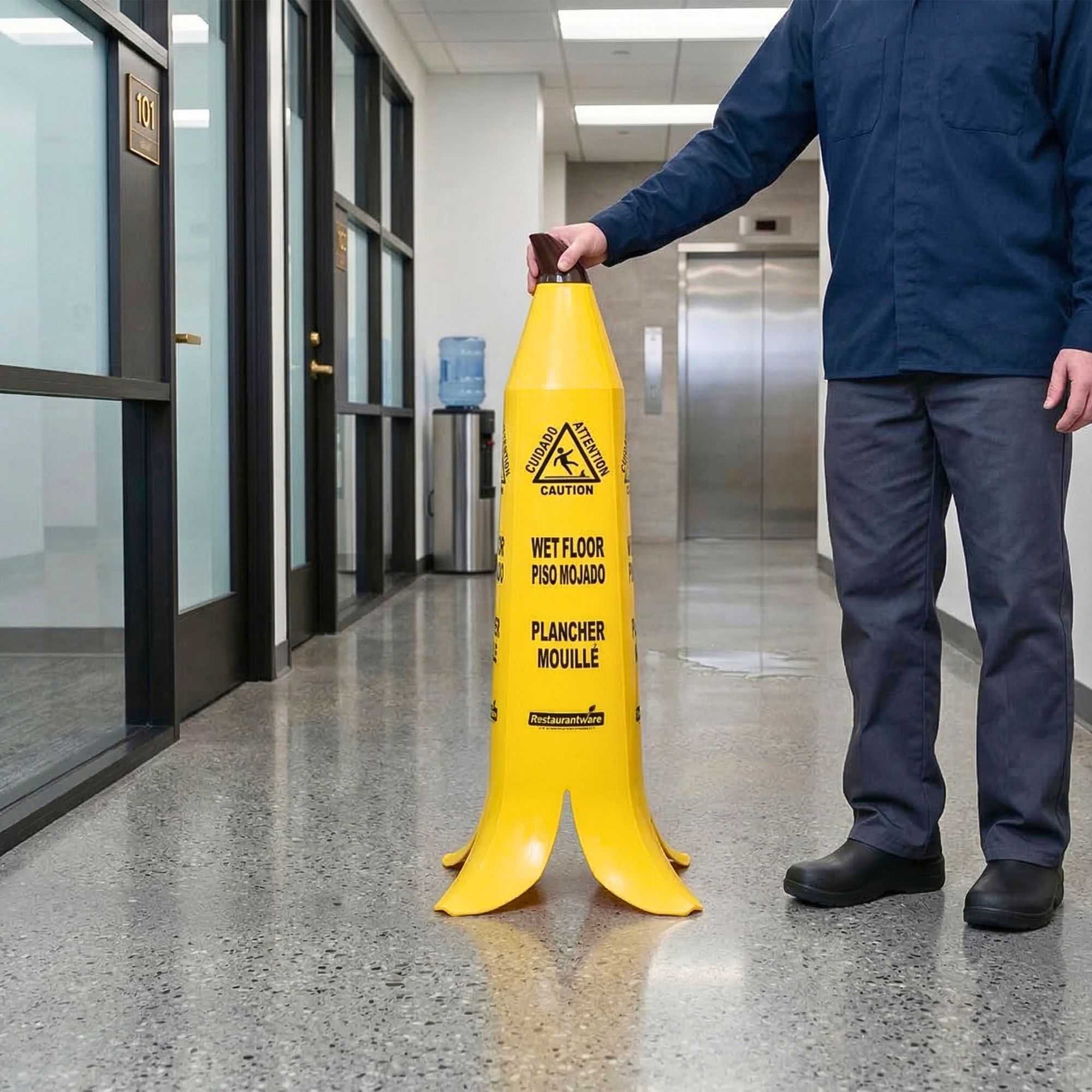 Clean Tek Professional Yellow Plastic Banana Wet Floor Cone - Multilingual, with Brown Stem - 35 1/2" - 1 count box