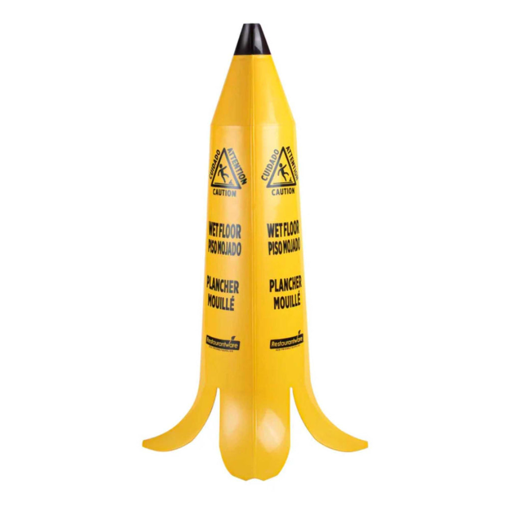 Clean Tek Professional Yellow Plastic Banana Wet Floor Cone - Multilingual, with Brown Stem - 35 1/2" - 5 count box