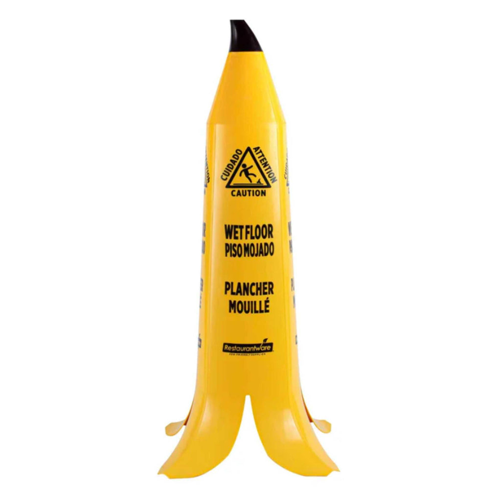 Clean Tek Professional Yellow Plastic Banana Wet Floor Cone - Multilingual, with Brown Stem - 35 1/2" - 5 count box