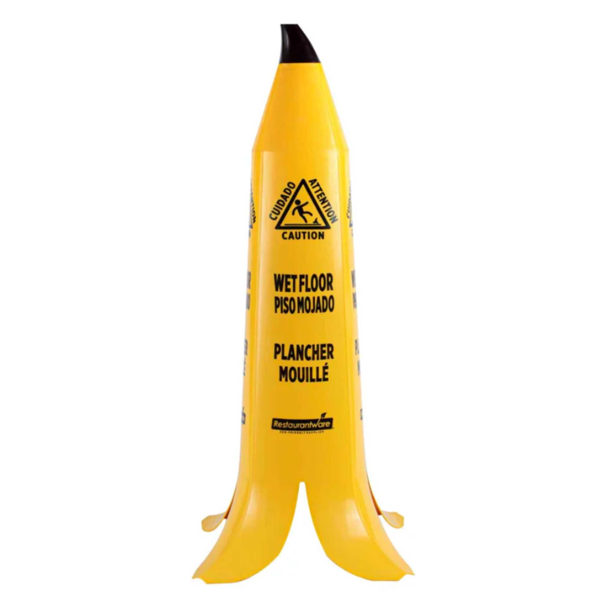 Clean Tek Professional Yellow Plastic Banana Wet Floor Cone - Multilingual, with Brown Stem - 35 1/2" - 5 count box