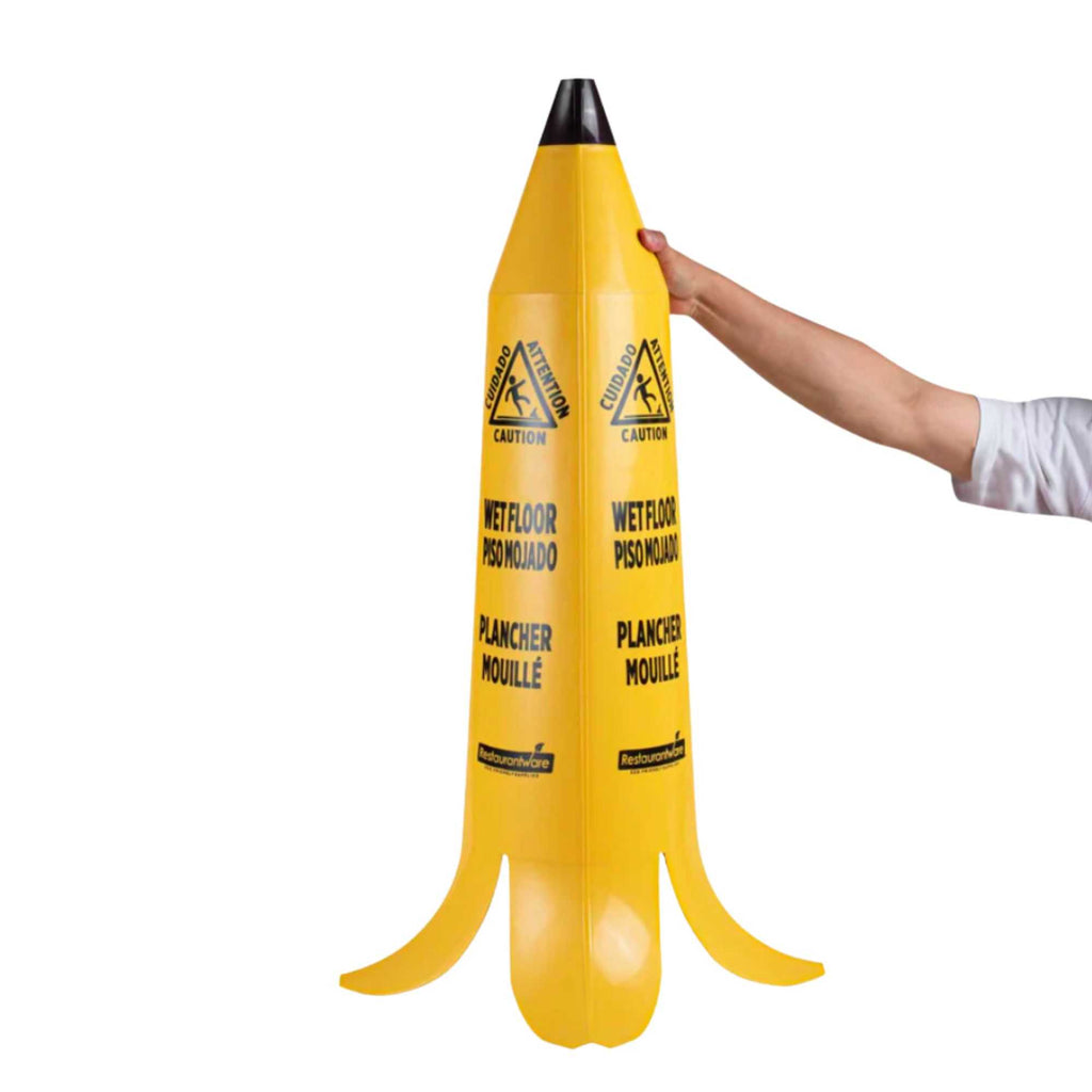 Clean Tek Professional Yellow Plastic Banana Wet Floor Cone - Multilingual, with Brown Stem - 35 1/2" - 5 count box