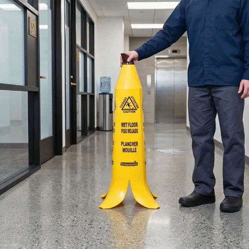 Clean Tek Professional Yellow Plastic Banana Wet Floor Cone - Multilingual, with Brown Stem - 35 1/2" - 5 count box