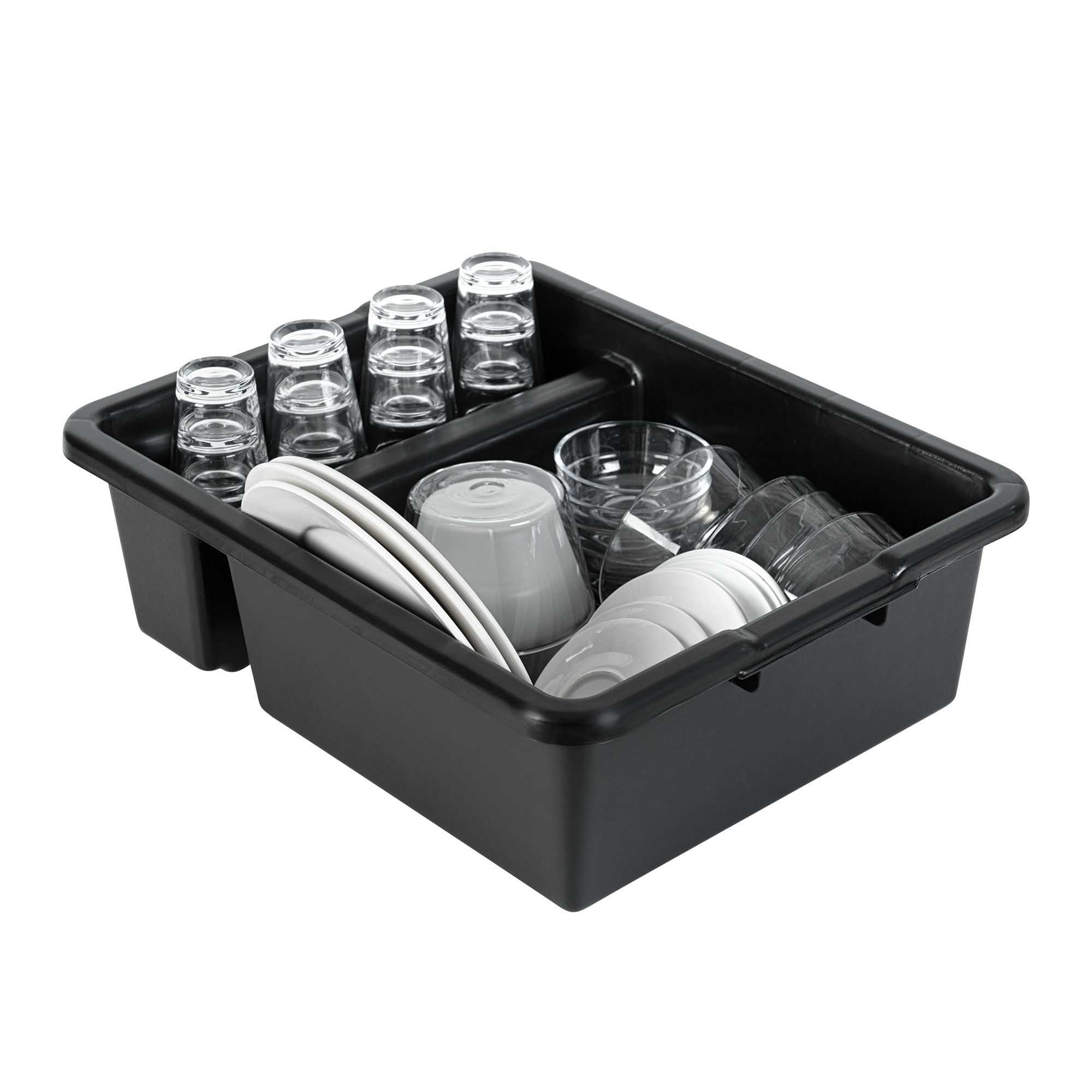 RW Clean Black Polypropylene Bus Tub / Bus Box - Divided, Deep, Easy Grip - 21 1/4" x 16 3/4" x 7" - 1 count box