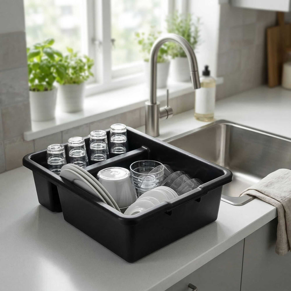 RW Clean Black Polypropylene Bus Tub / Bus Box - Divided, Deep, Easy Grip - 21 1/4" x 16 3/4" x 7" - 1 count box