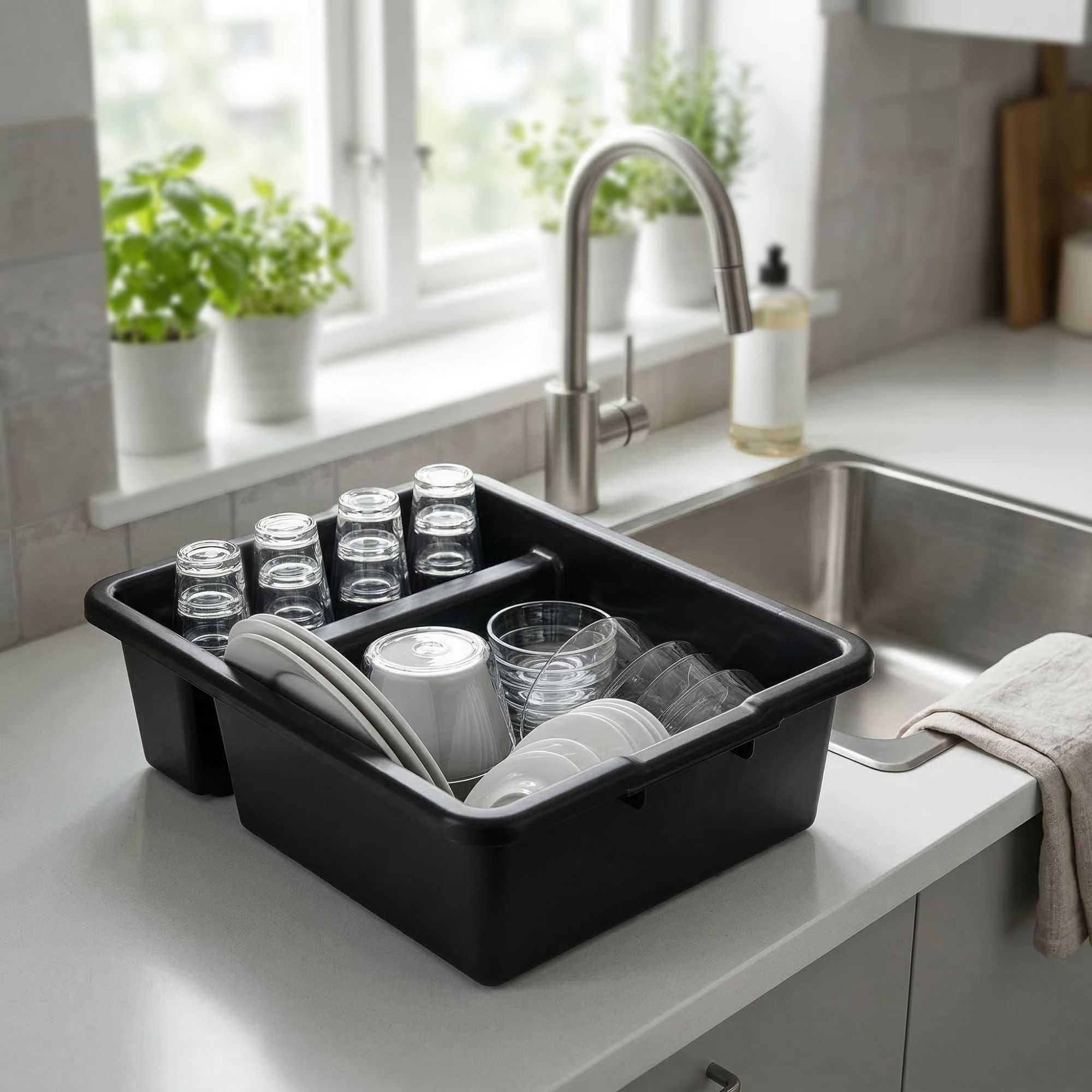 RW Clean Black Polypropylene Bus Tub / Bus Box - Divided, Deep, Easy Grip - 21 1/4" x 16 3/4" x 7" - 10 count box