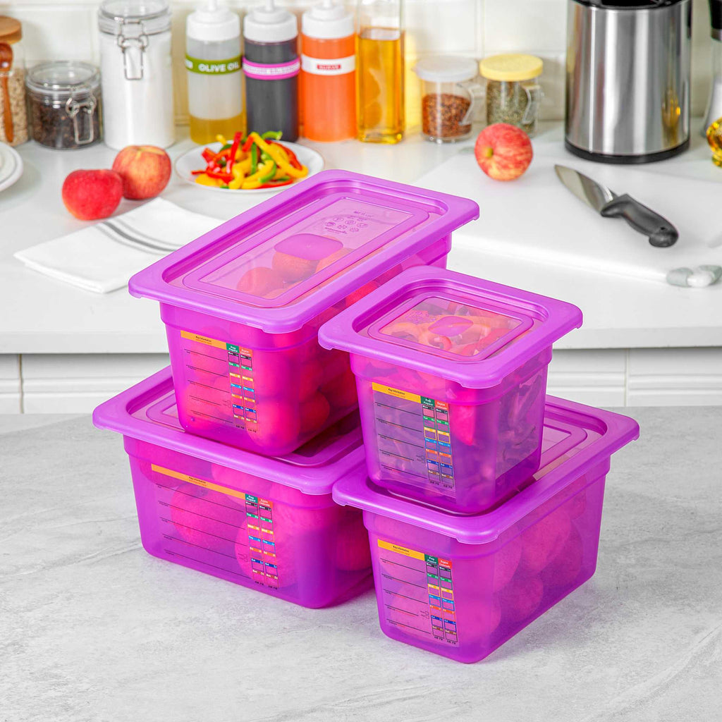Met Lux 4-Piece Purple Allergen-Free Polypropylene Food Pan Set - 6" Deep, with Airtight Lids and Labels - 1 count box