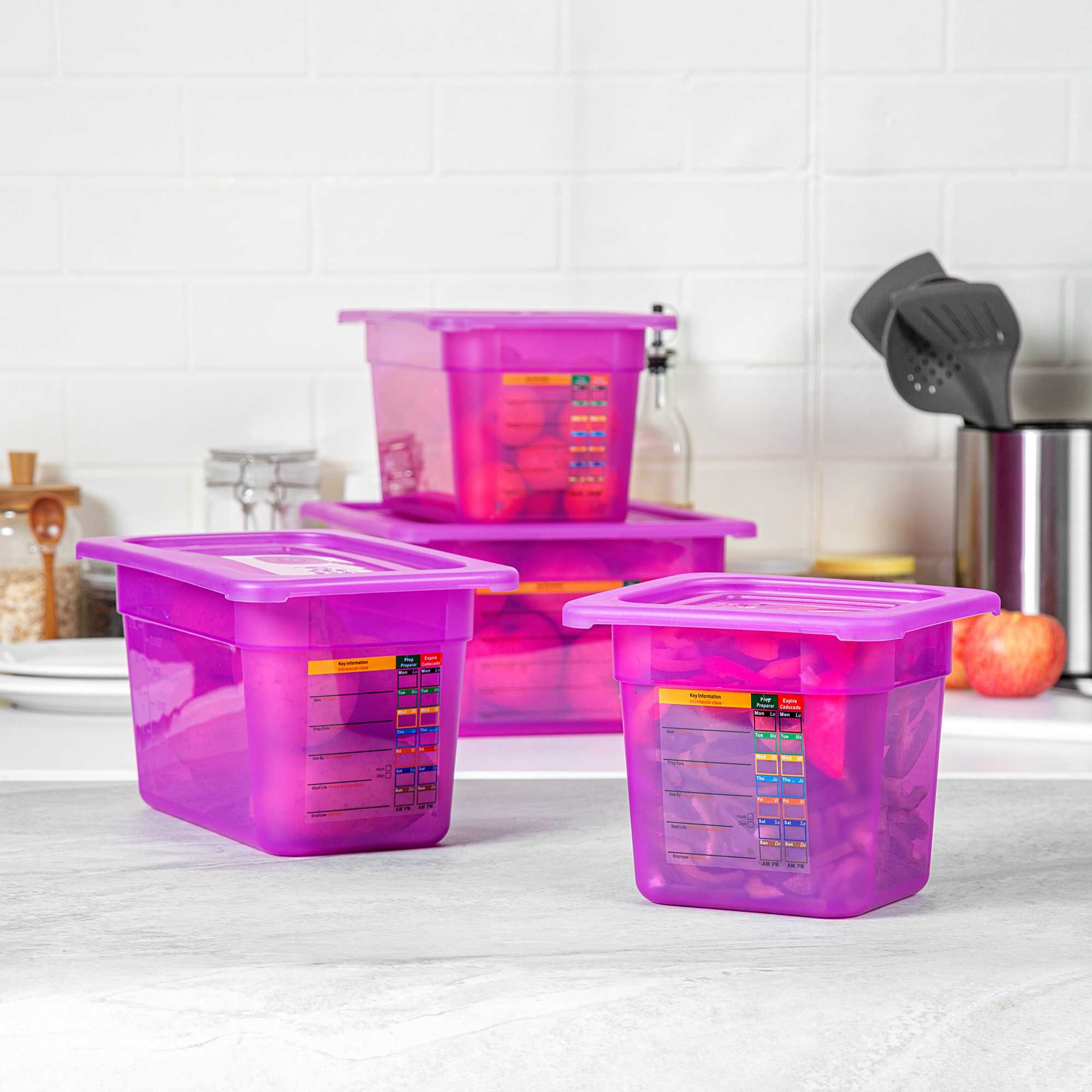 Met Lux 4-Piece Purple Allergen-Free Polypropylene Food Pan Set - 6" Deep, with Airtight Lids and Labels - 1 count box