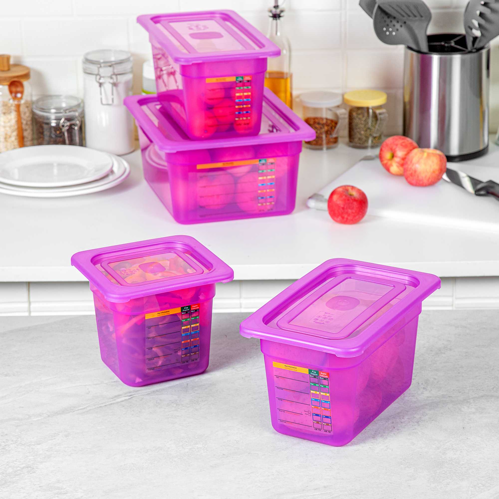 Met Lux 4-Piece Purple Allergen-Free Polypropylene Food Pan Set - 6" Deep, with Airtight Lids and Labels - 1 count box