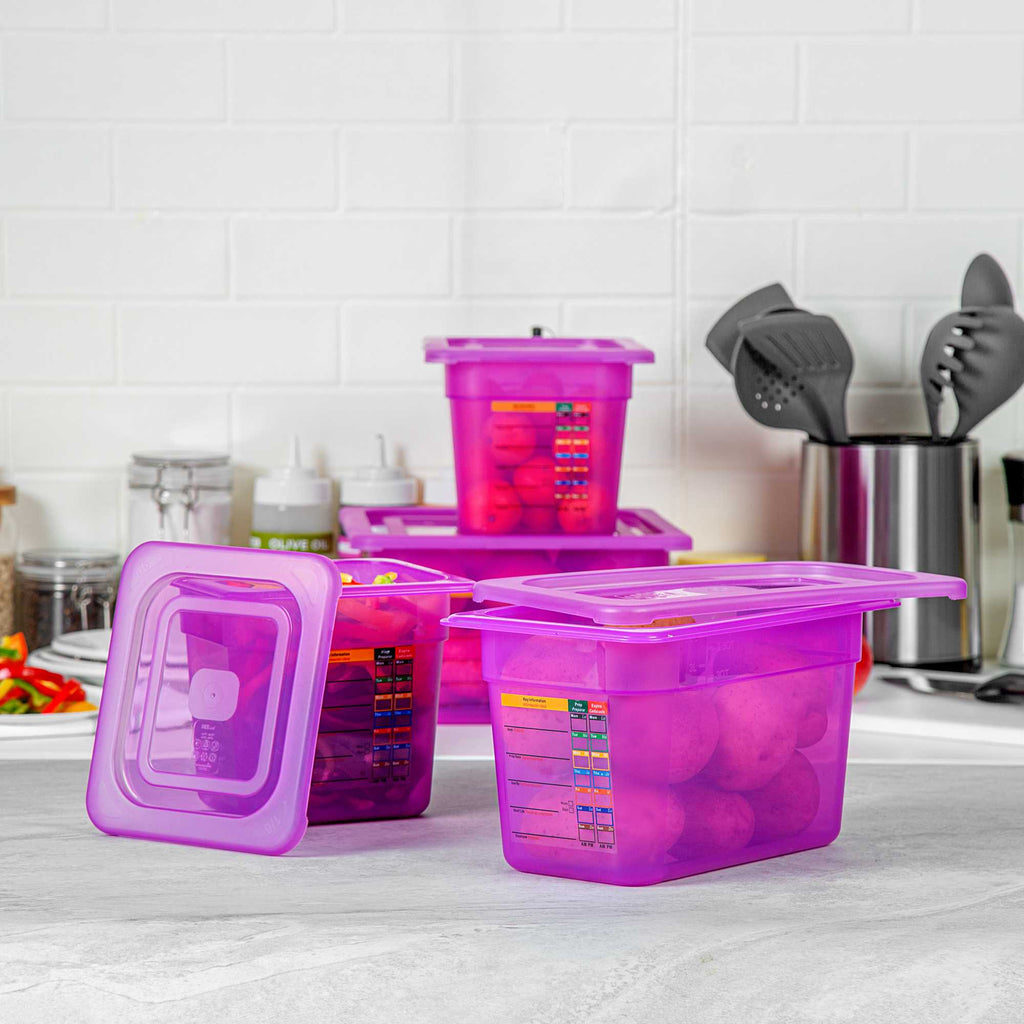 Met Lux 4-Piece Purple Allergen-Free Polypropylene Food Pan Set - 6" Deep, with Airtight Lids and Labels - 1 count box