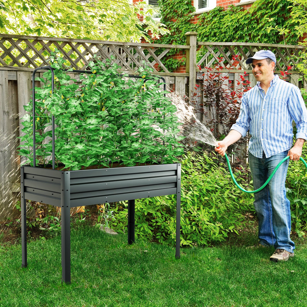 3-in-1 Raised Garden Bed with Greenhouse Cover and Trellis-Grey