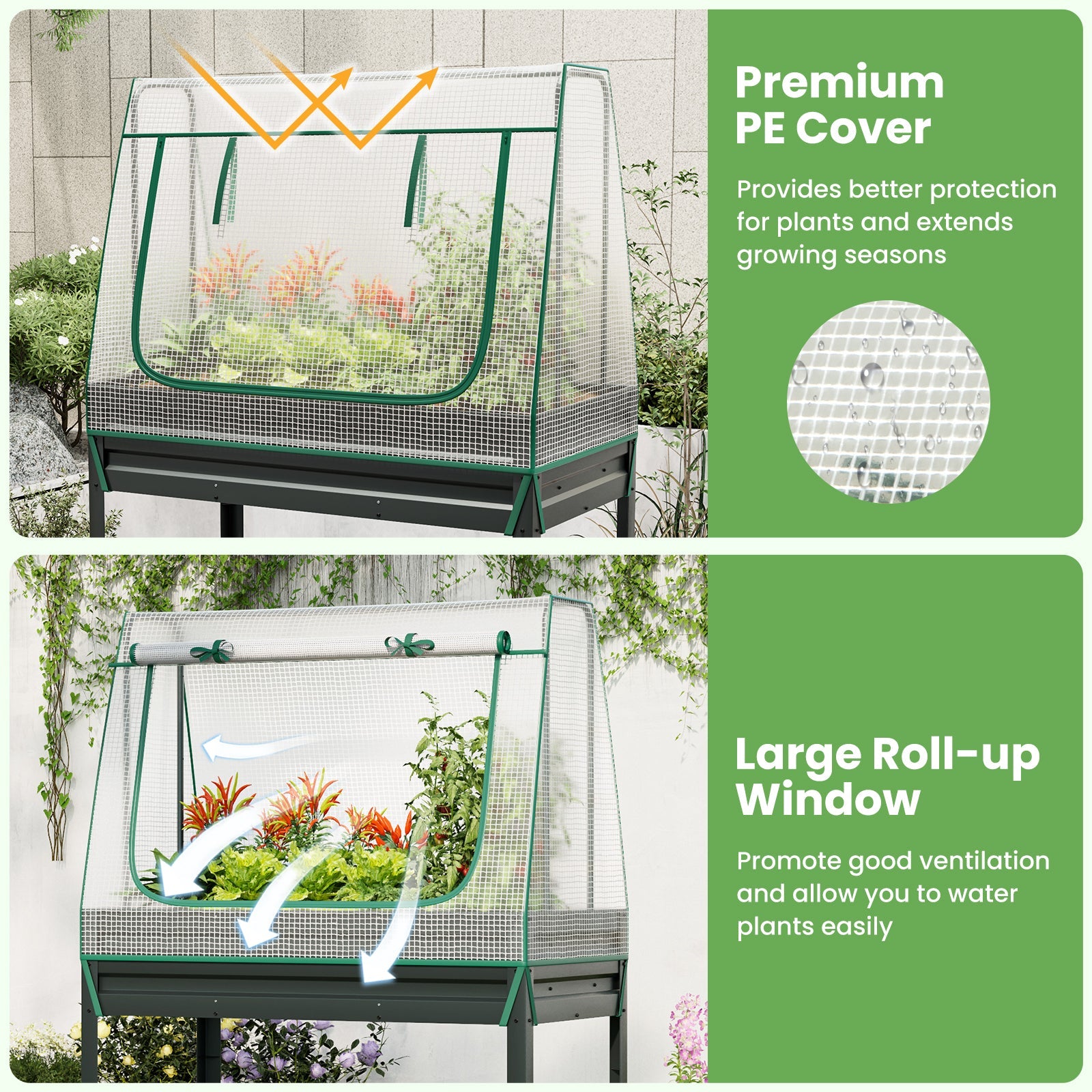 3-in-1 Raised Garden Bed with Greenhouse Cover and Trellis-Grey